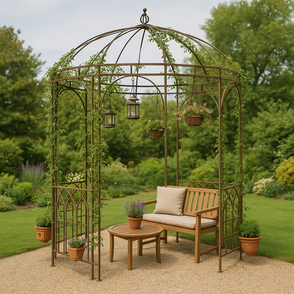 Pergola décorative de jardin, métal brun, motif floral, 240 x 240 x 320 cm