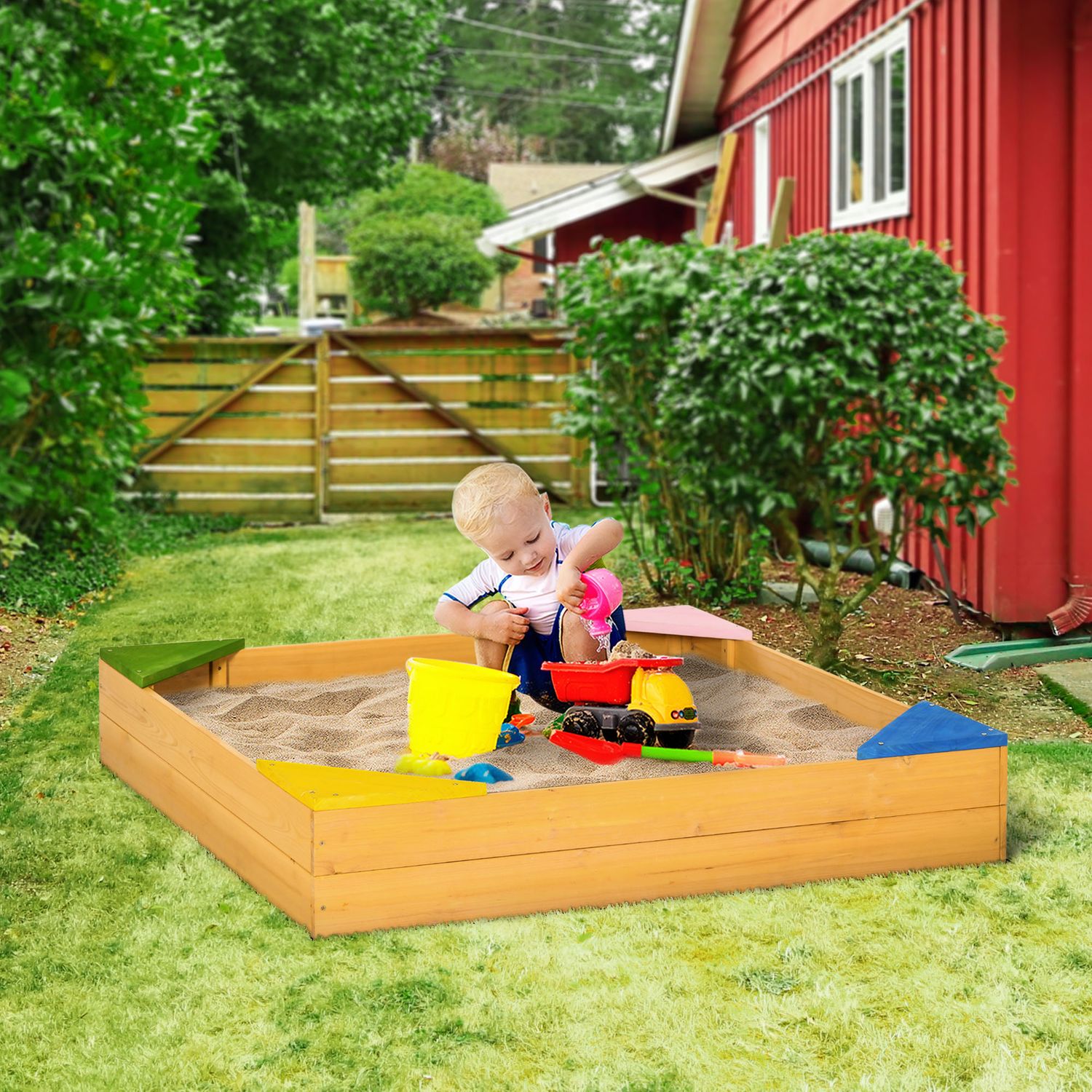 Outsunny Kindersandkasten, Tannenholz, 109 x 109 x 19,8 cm, Natur