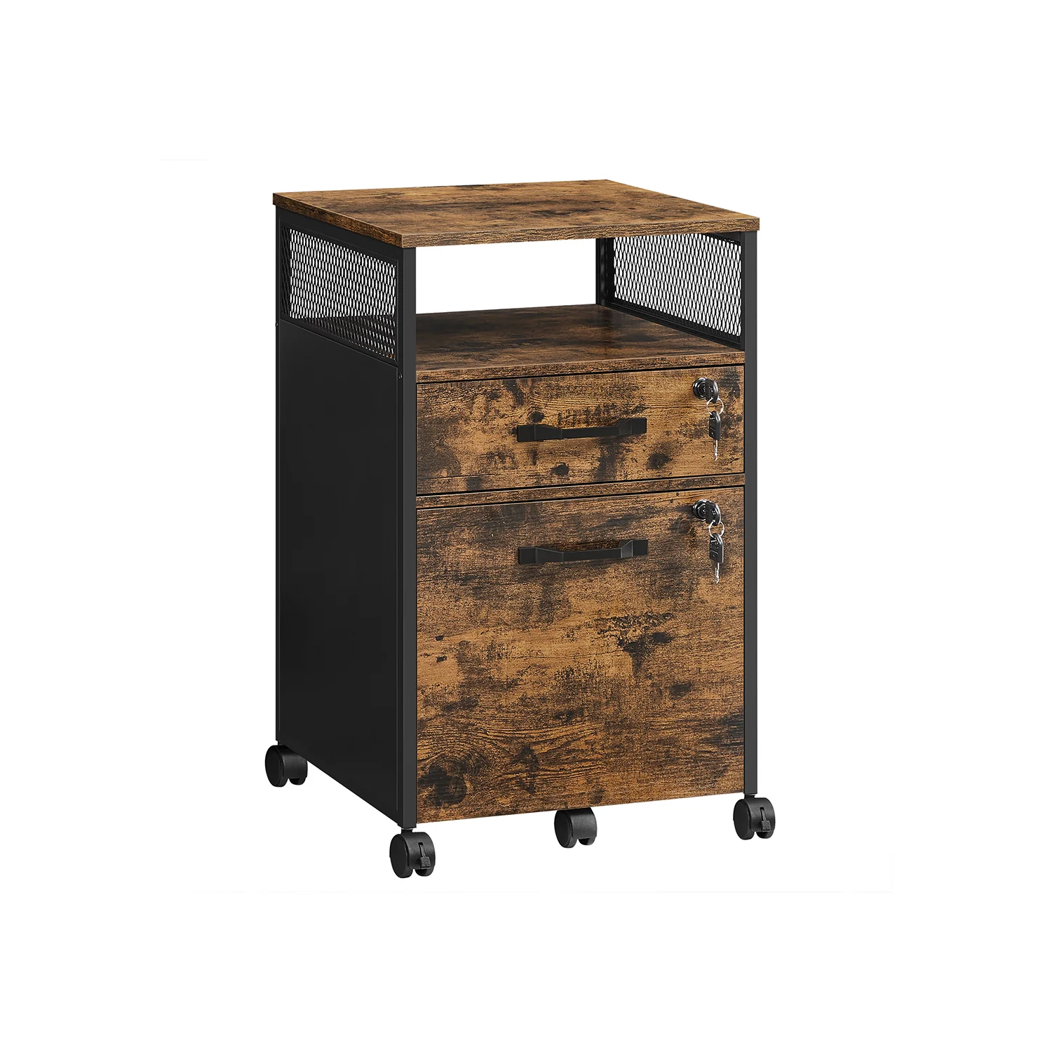 Büroschrank mit abschließbaren Schubladen und Rollen, offenes Fach