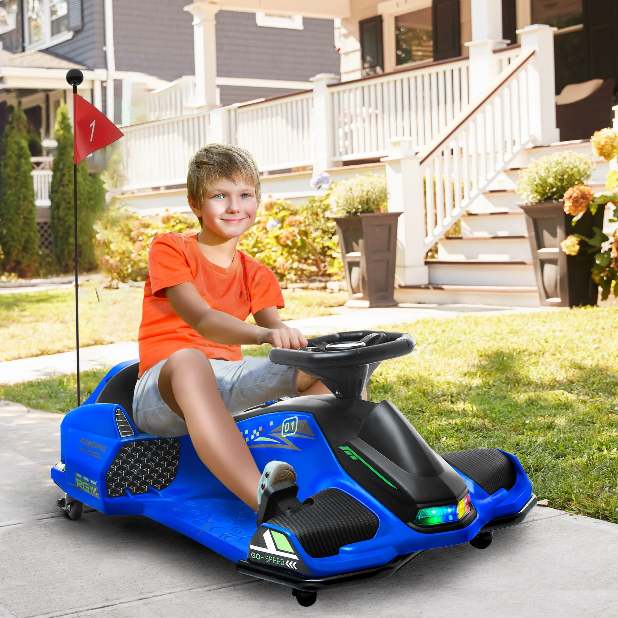Aosom 12V Elektro-Kart (Modelljahr 2025) mit Sanftanlauf, Musik und Beleuchtung. Blau.