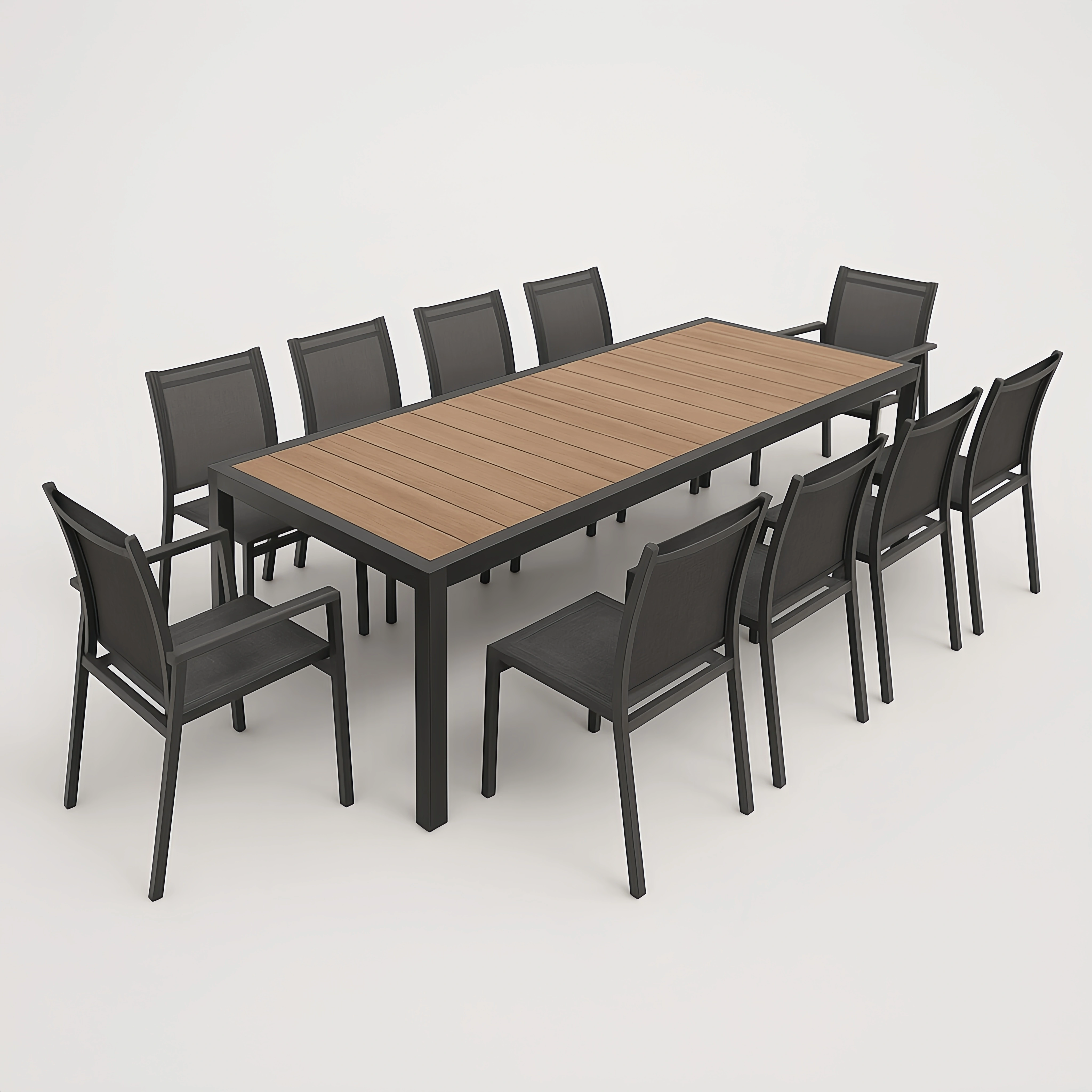 Ensemble de salle à manger de jardin + table rectangulaire avec chaises + bois noir/naturel + aluminium/synthétique + extérieur/intérieur