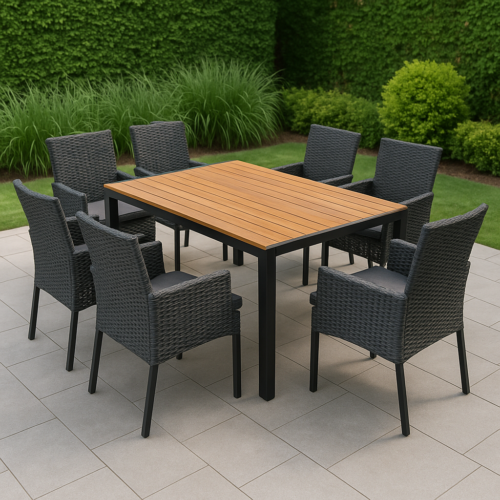 Ensemble de jardin extérieur composé de 7 chaises en bois synthétique gris et métal.