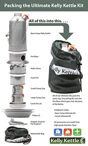 Ultimate Scout Kelly Kettle Kit, 1,2 Liter – Campingkocher aus Edelstahl, leichter Kessel mit Pfeife, Campingkocher zum Angeln, Jagen, Wandern und für Überlebensausflüge