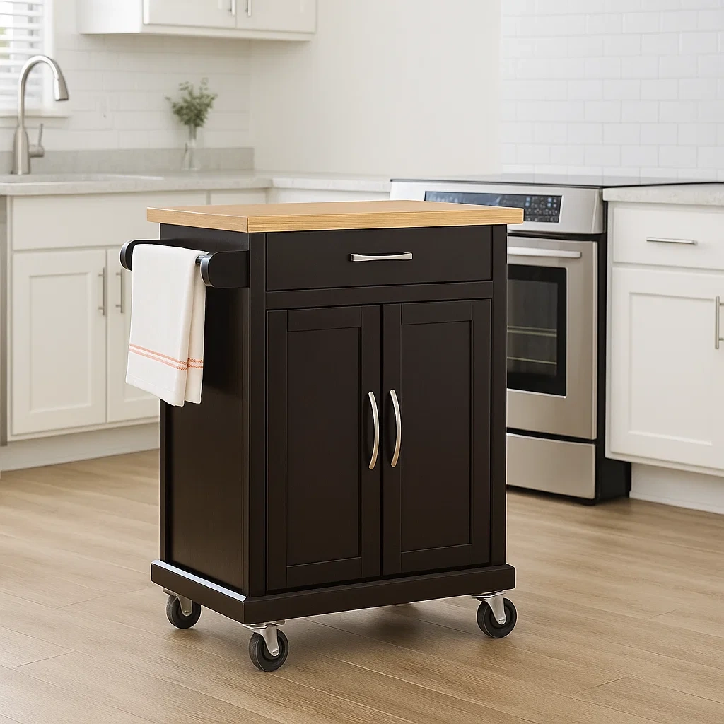 Îlot de cuisine rectangulaire en MDF noir, avec plan de travail en bois clair, sur roulettes et meuble à tiroir, 91 x 45 x 89 cm, pour usage domestique. - blMAuTUwKxoP