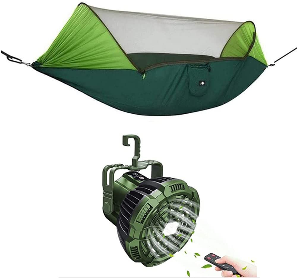 AYAMAYA Camping-Hängematte mit Moskitonetz und Sonnenschutz + wiederaufladbarer Campingventilator mit LED-Beleuchtung