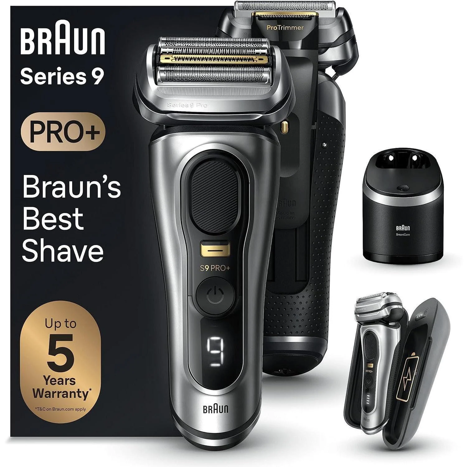Braun Series 9 Pro+ Rasierer (9477 cm³) – Nass- und Trockenrasur mit 5-in-1 SmartCare Center und PowerCase. Silber