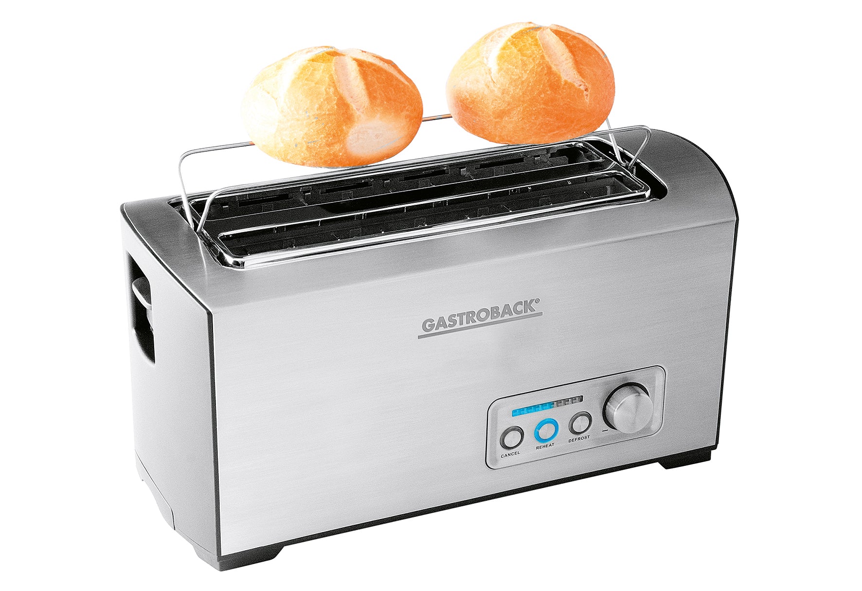 2025 4-Scheiben-Toaster mit langen Schlitzen für 4 Scheiben. 1500 W. Gebürsteter Edelstahl.