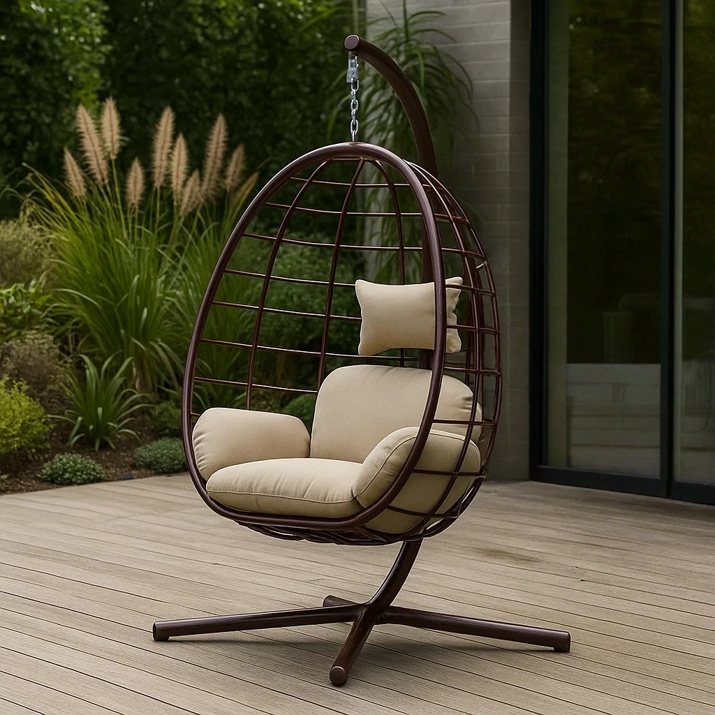 Fauteuil suspendu rond en métal marron avec coussins et support, pour jardin, 80 x 70 x 120 cm - lobYVhJYSnGb