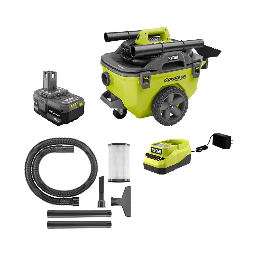 Ryobi ONE+ 18V 6-Gallonen-Akku-Nass-/Trockensauger-Set (Modelljahr 2025) mit 4,0-Ah-Akku, Ladegerät und Zubehör (P770KN)