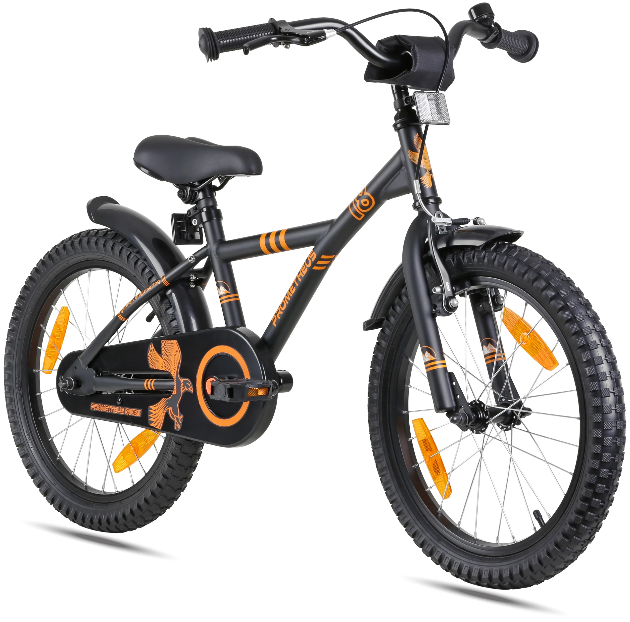 2025 Kinderfahrrad, 18 Zoll. Mattschwarz und Orange. Ab 5 Jahren.