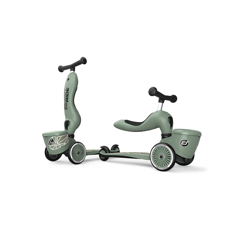 Scoot & Ride Highwaykick 1 Lifestyle 2-in-1-Scooter mit Sitz (Modelljahr 2025). Für Kinder von 1 bis 5 Jahren. Mit praktischem Staufach.