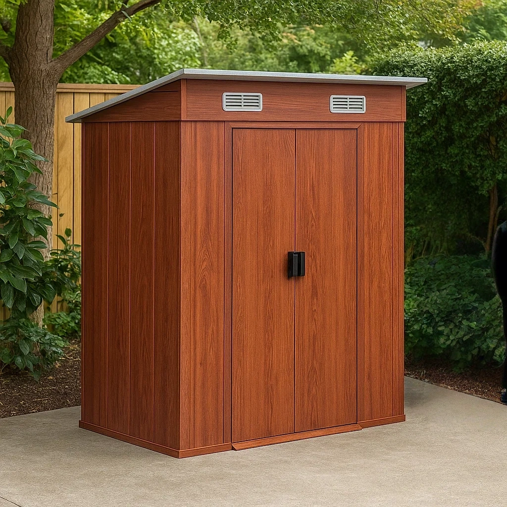 Abri de jardin en résine, toit à une pente et double porte, couleur bois, dimensions 250 x 100 x 220 cm, pour jardin extérieur - 0igr6Is8RTL1