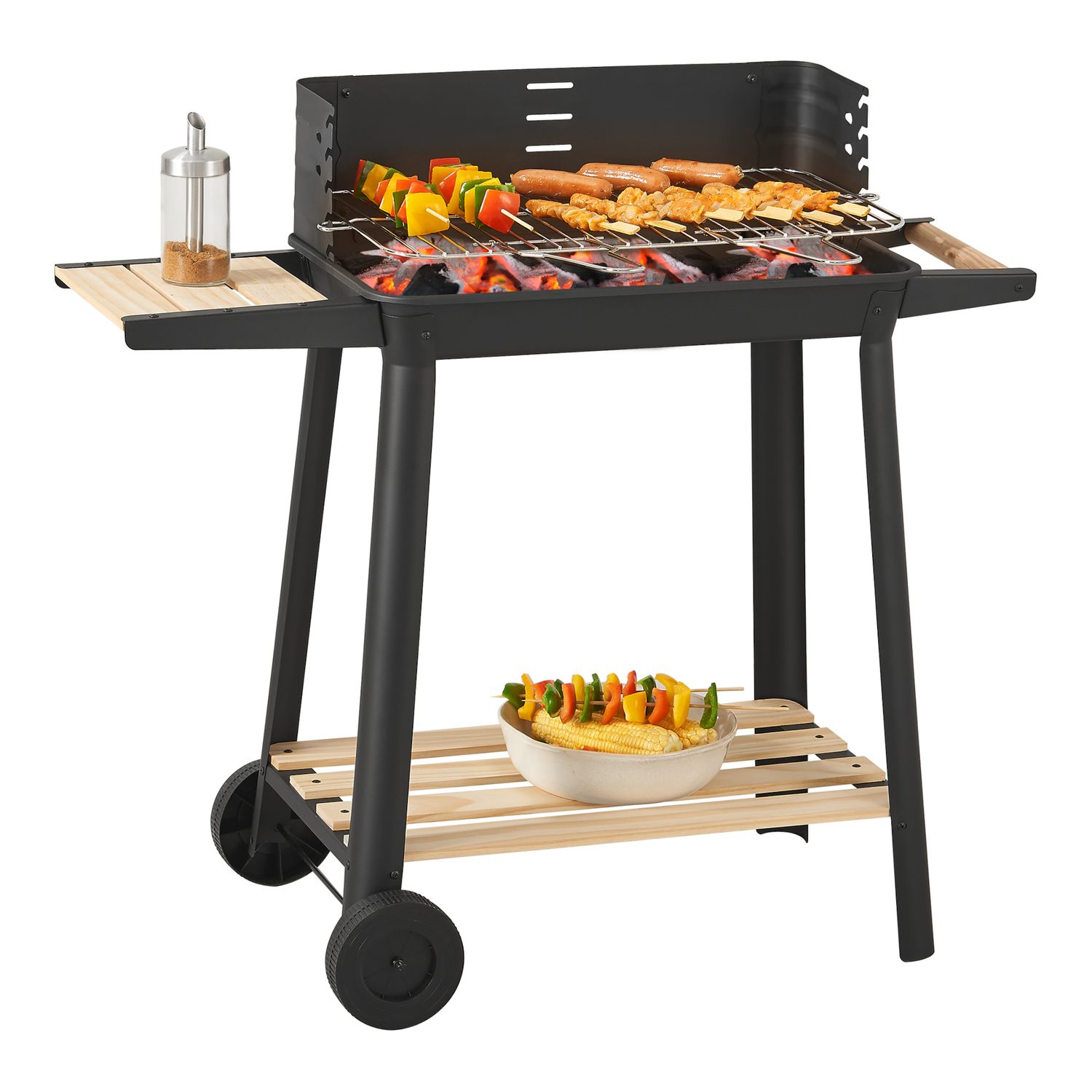 Ari Holzkohlegrill mit 2 Rädern 78x86x30cm - Schwarz/Holz [casa.pro]