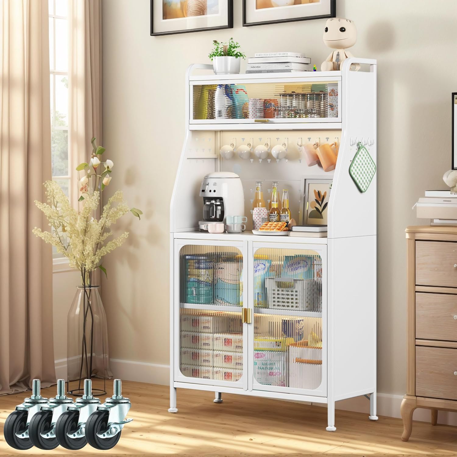 Fiutazge Küchen-Sideboard mit Rollen, Vitrine, Esszimmermöbel, moderner hoher Küchenschrank mit Türen und verstellbaren Einlegeböden für Wohnzimmer, Esszimmer, Eingangsbereich, 66 x 36 x 160 cm, Weiß