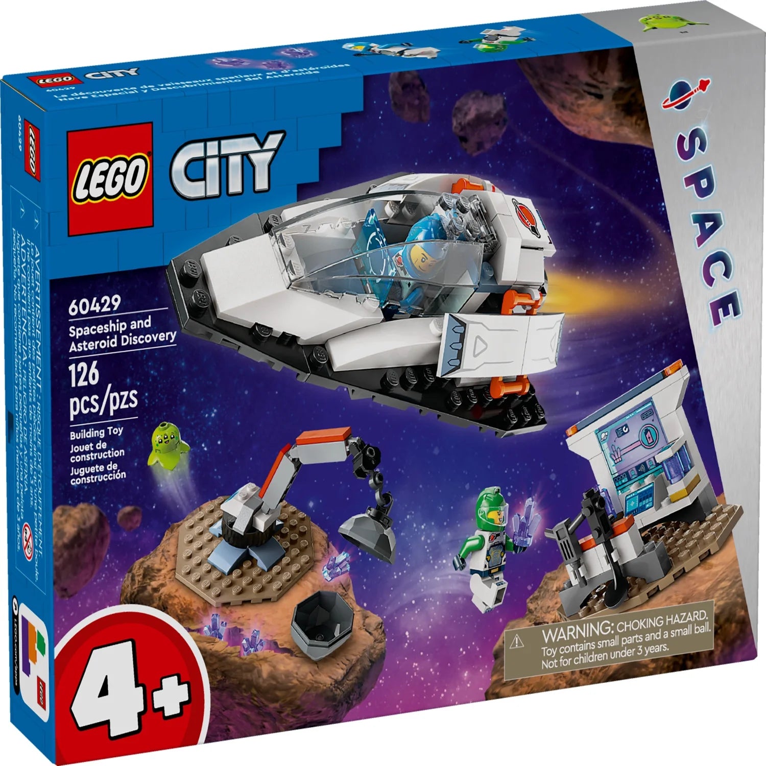 LEGO City Raumschiff- und Asteroidenentdeckungs-Bauset, Geschenk für Kinder ab 4 Jahren, die fantasievolles Spielen lieben, enthält 2 Weltraumcrew-Minifiguren, einen Außerirdischen, Kristalle und einen Kran.
