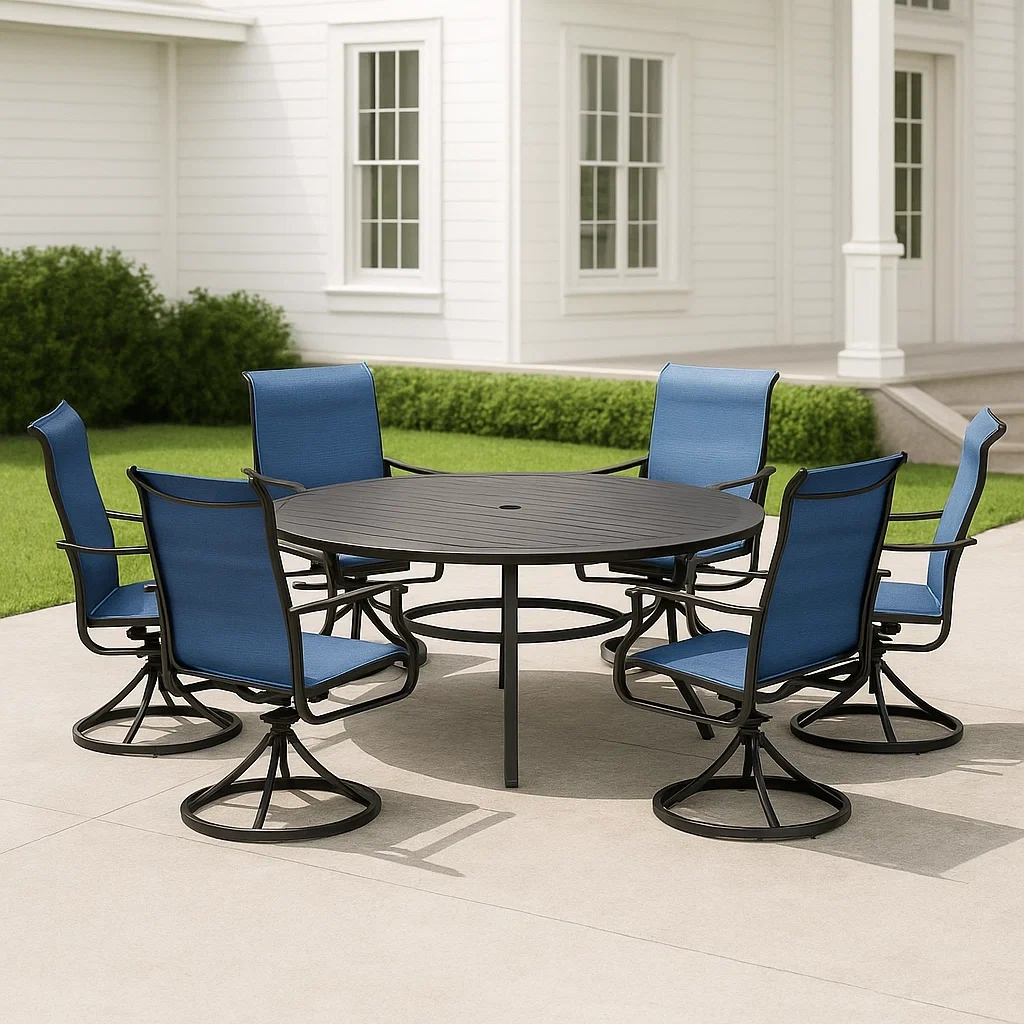 Ensemble de salle à manger d'extérieur, table ronde avec 6 chaises, noir, fer, idéal pour le jardin