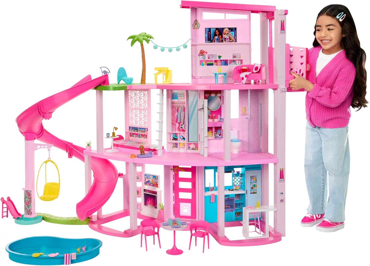 Barbie Dreamhouse 2023 3-stöckiges Puppenhaus-Spielzeug mit über 75 Möbelstücken und Accessoires, ab 3 Jahren (Mattel HMX10)