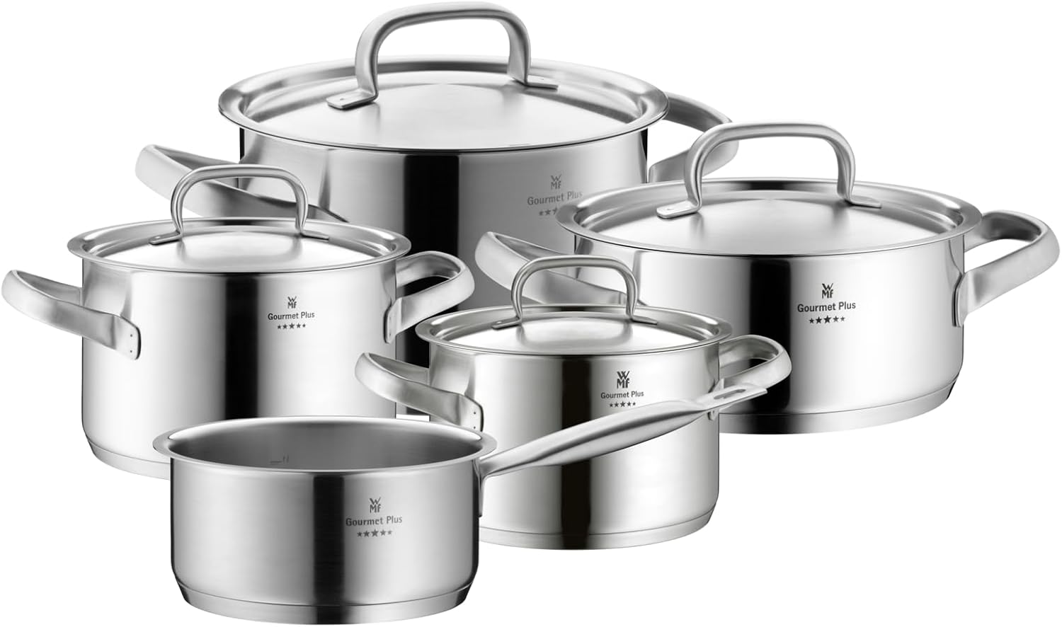WMF Gourmet Plus - 5-teiliges Kochgeschirr-Set, Edelstahl, induktionsgeeignet, 1 flacher Bräter (20 cm), 3 hohe Bräter (16 cm, 20 cm und 24 cm), 1 Stielkasserolle (16 cm) mit 4 Edelstahldeckeln