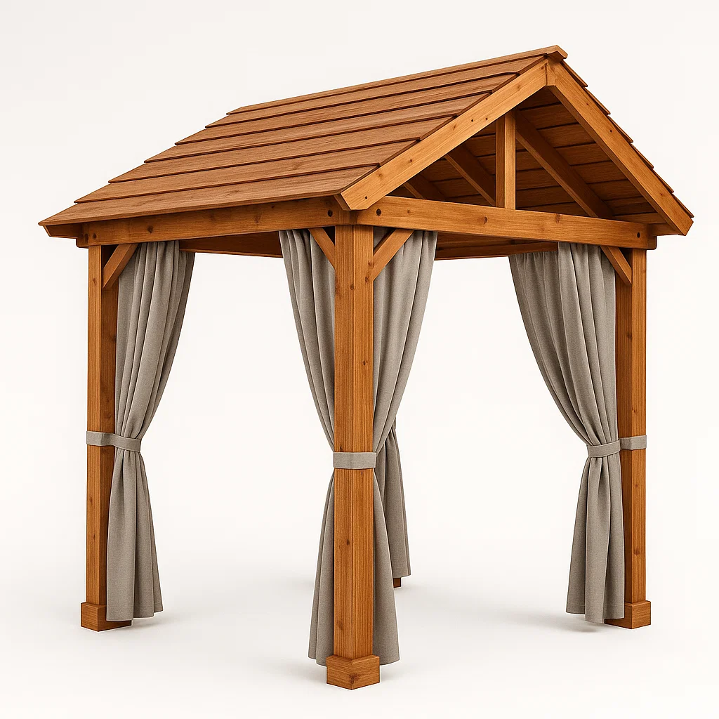 Pergola de jardin en bois avec rideaux - Couleur bois - pour usage extérieur - 400 cm de long x 340 cm de haut x 400 cm de profondeur aCohafc310qO