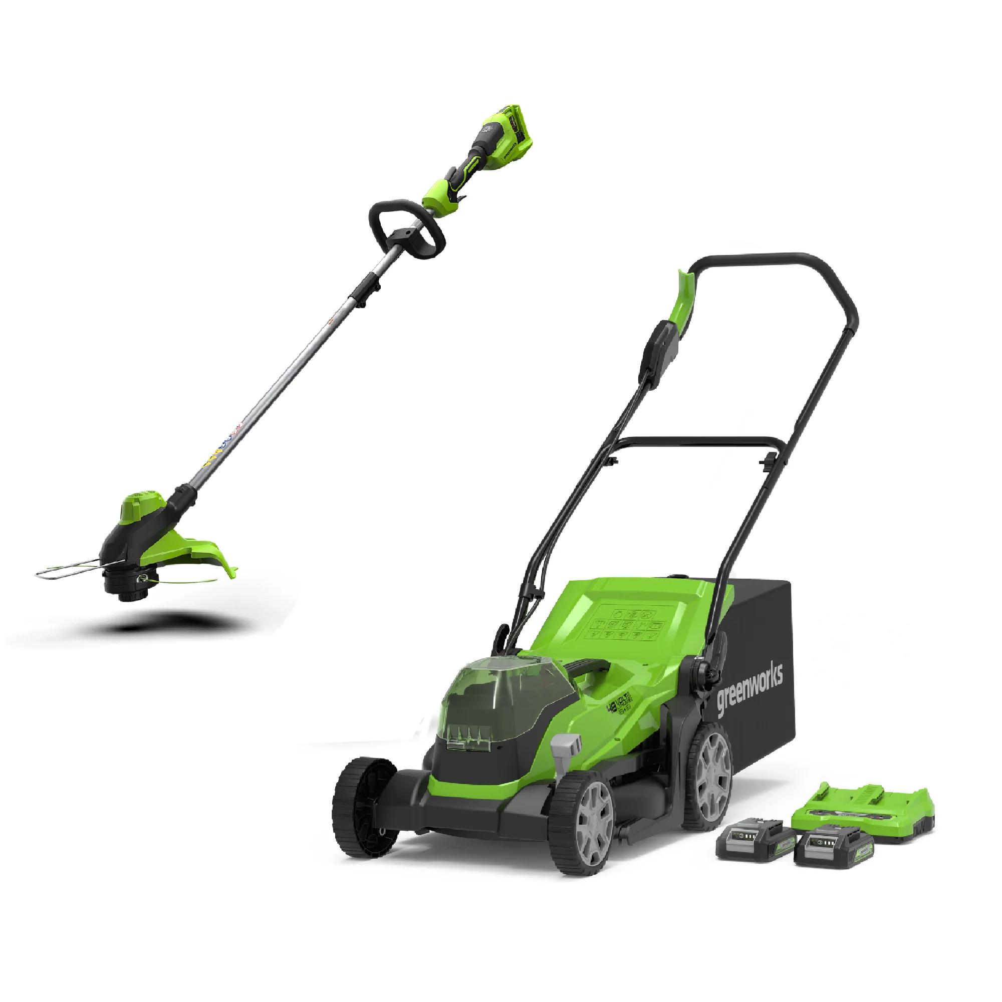 2025 Pack Combo 24V+24V Rasenmäher 36 cm + Trimmer 33 cm (mit 2 x 2 Ah Akkus und Ladegerät)