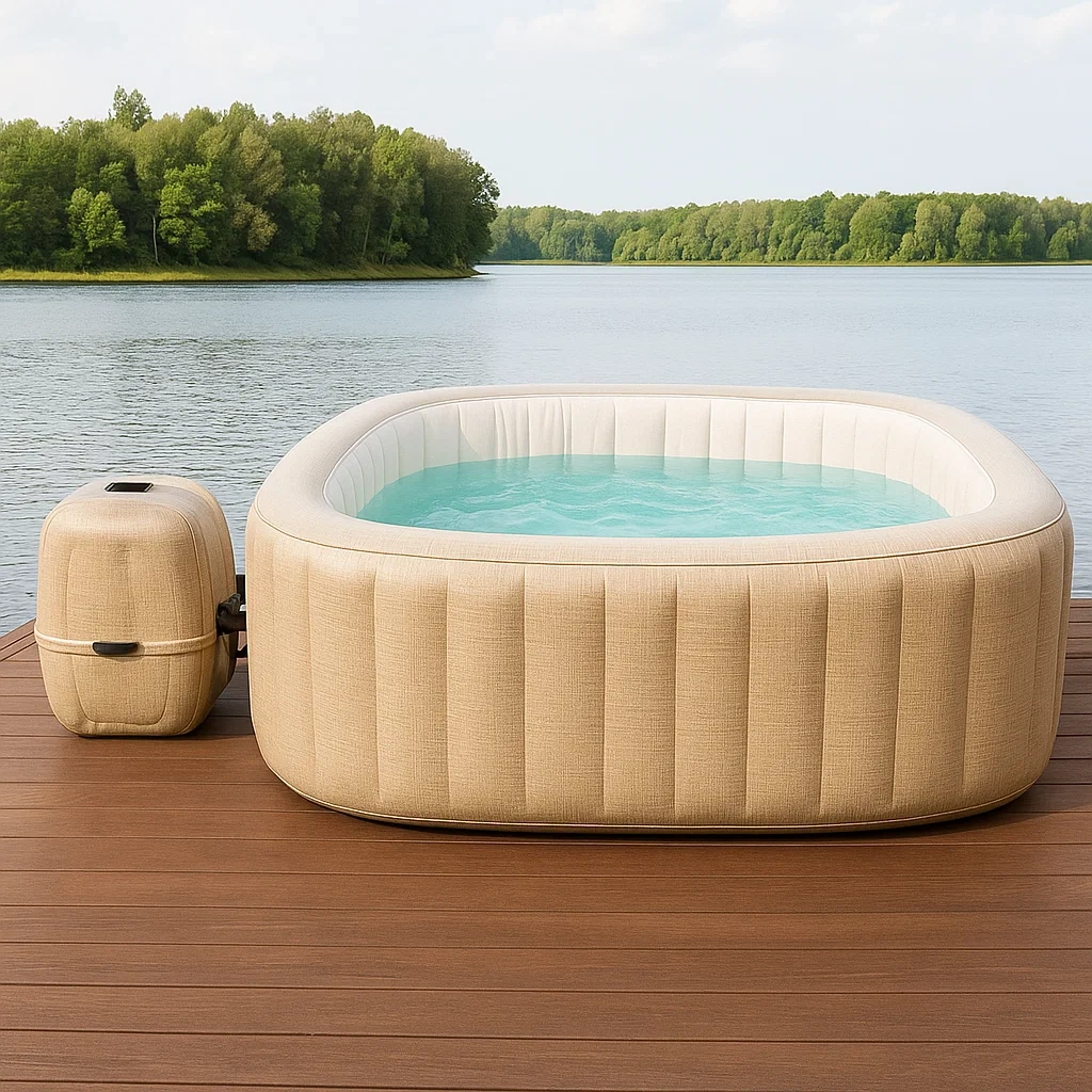 Spa gonflable carré, 4 places, structure en PVC, beige et blanc, autoportant, dimensions 180 x 180 x 70 cm - CTiU6O2MiPfk