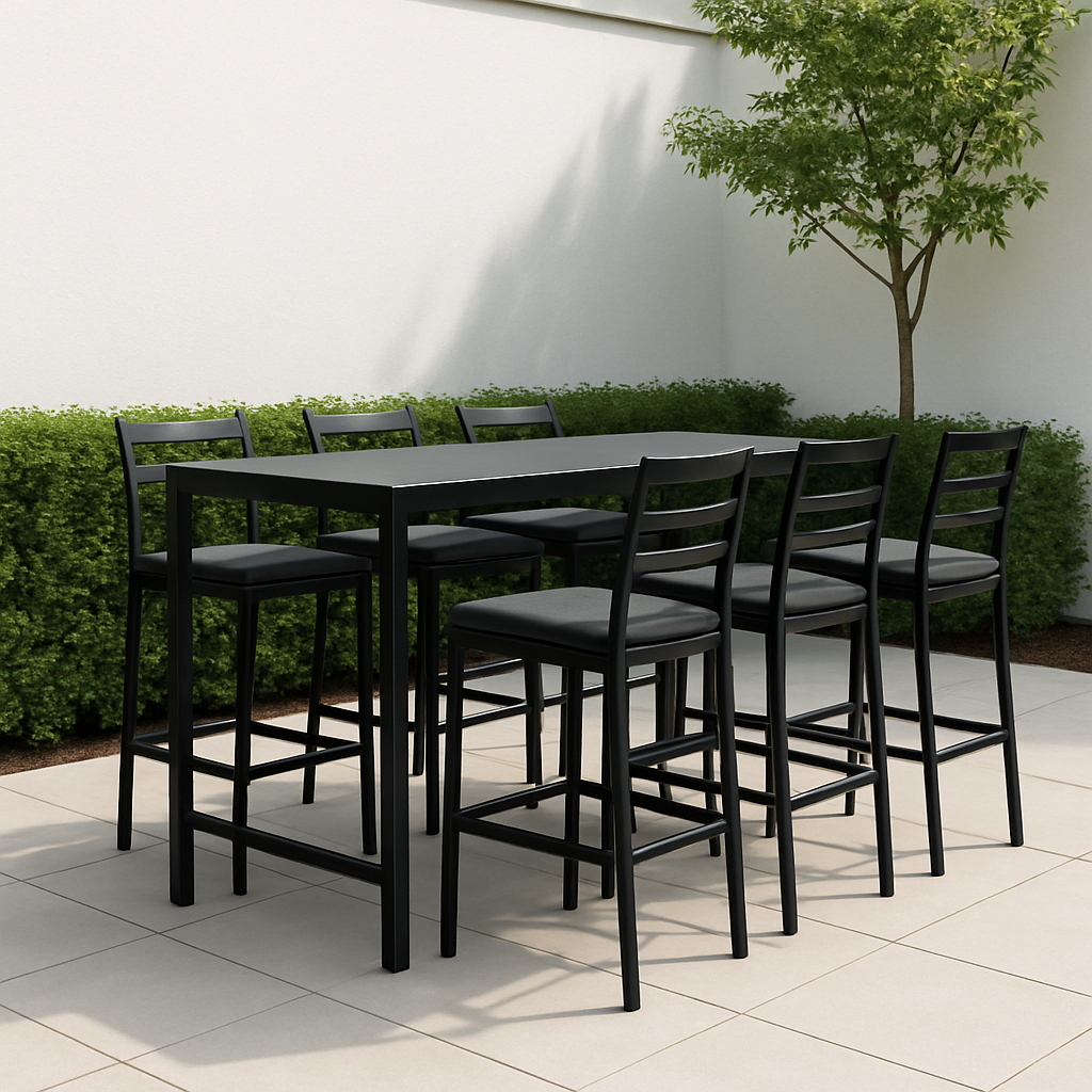Table haute de bar de jardin avec chaises, structure en métal noir et coussin en similicuir, extérieur, 180×70×105cm
