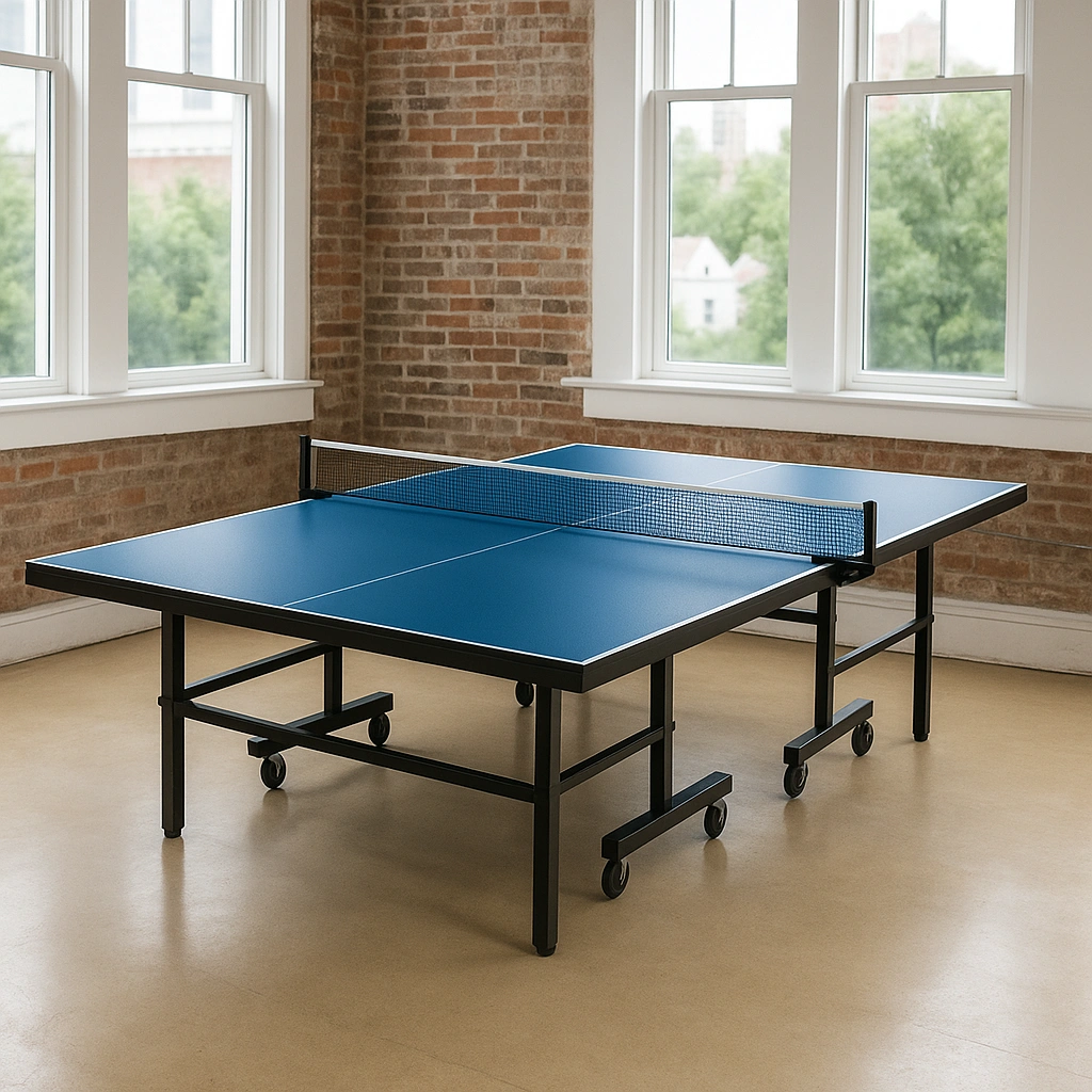 Table de ping-pong bleue avec filet et roulettes. Acier. Usage intérieur/extérieur. 274 x 152,5 x 76 cm