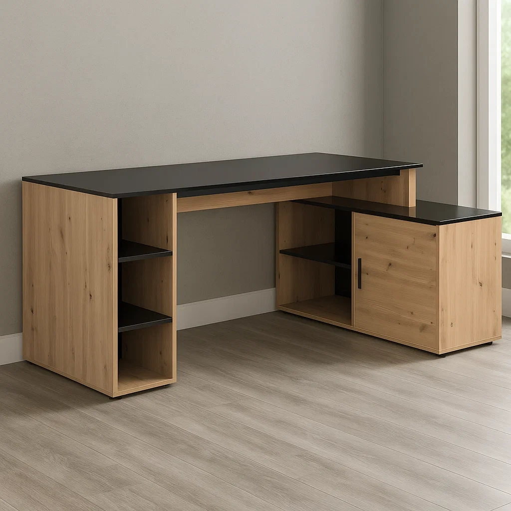 Bureau d'angle avec étagères, MDF clair naturel et noir, pour bureau ou espace de travail, 174 × 120 × 76 cm - TX5EIfps1Jje
