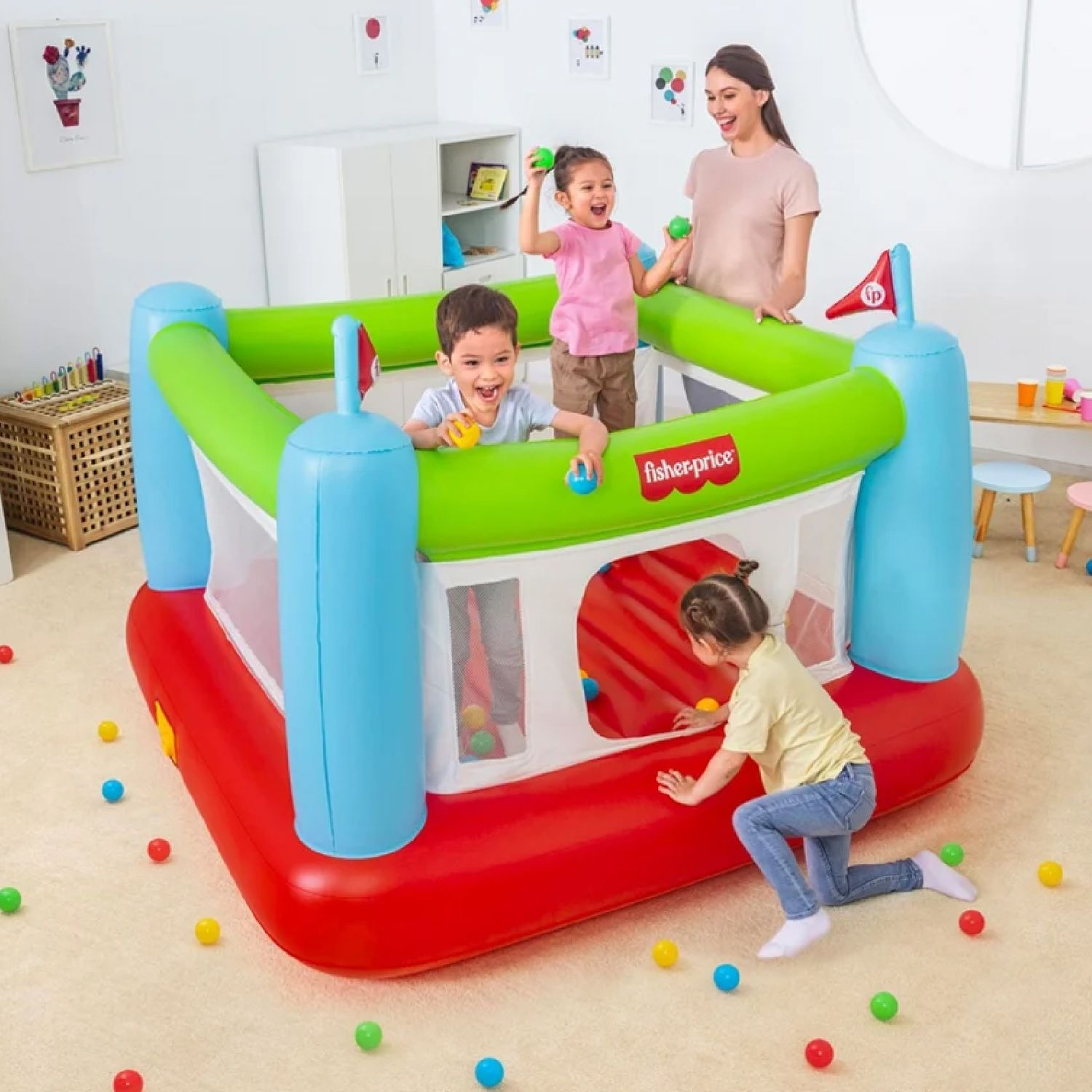 Bestway Bounce Sensational Hüpfburg mit 50 Spielbällen, 175 x 173 x 135 cm, mehrfarbig, mit Sicherheitsnetz