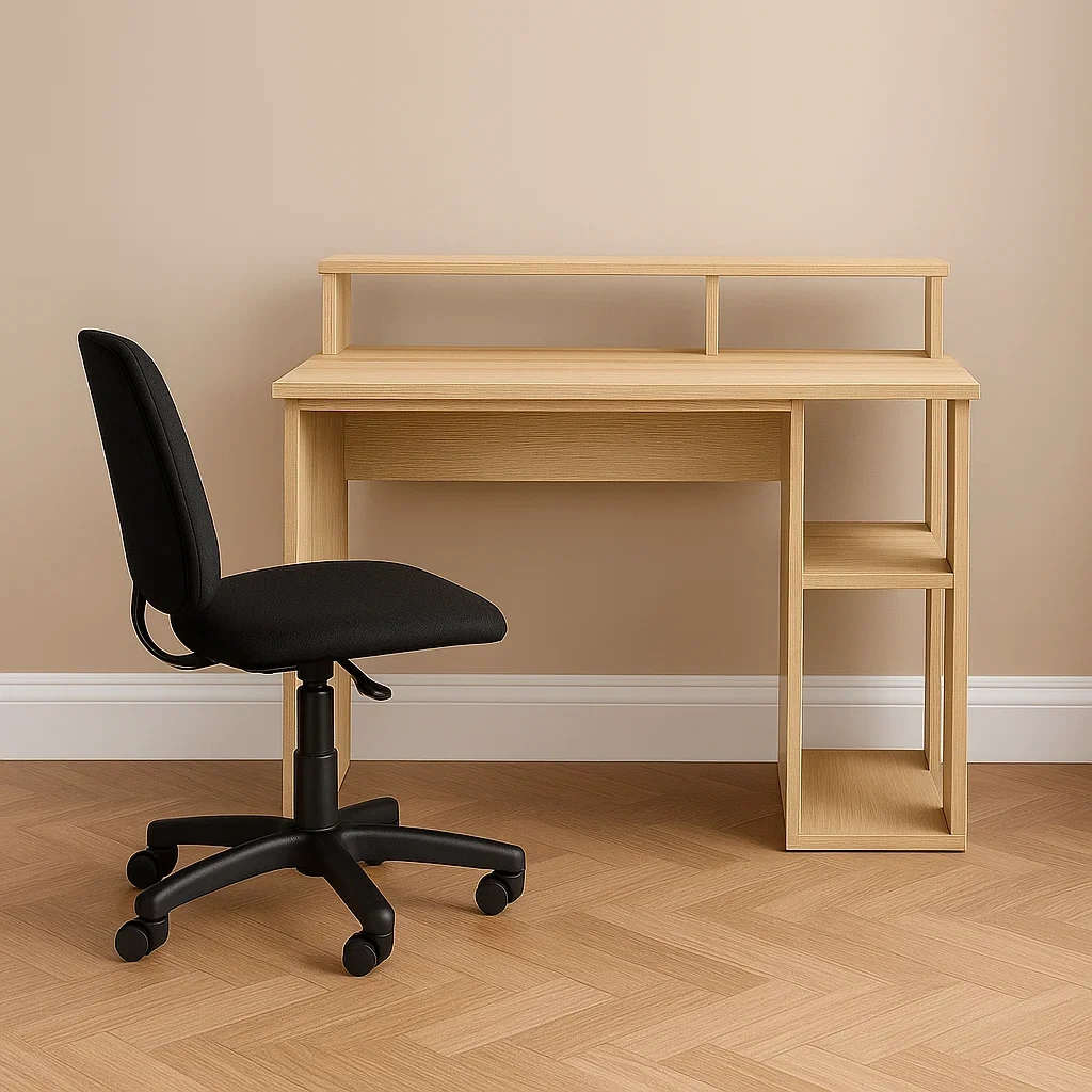 Bureau d'ordinateur en bois couleur chêne avec étagère supérieure et rangements latéraux, 100 x 50 x 75 cm, chaise de bureau noire incluse - vtSzNlhNFSnv