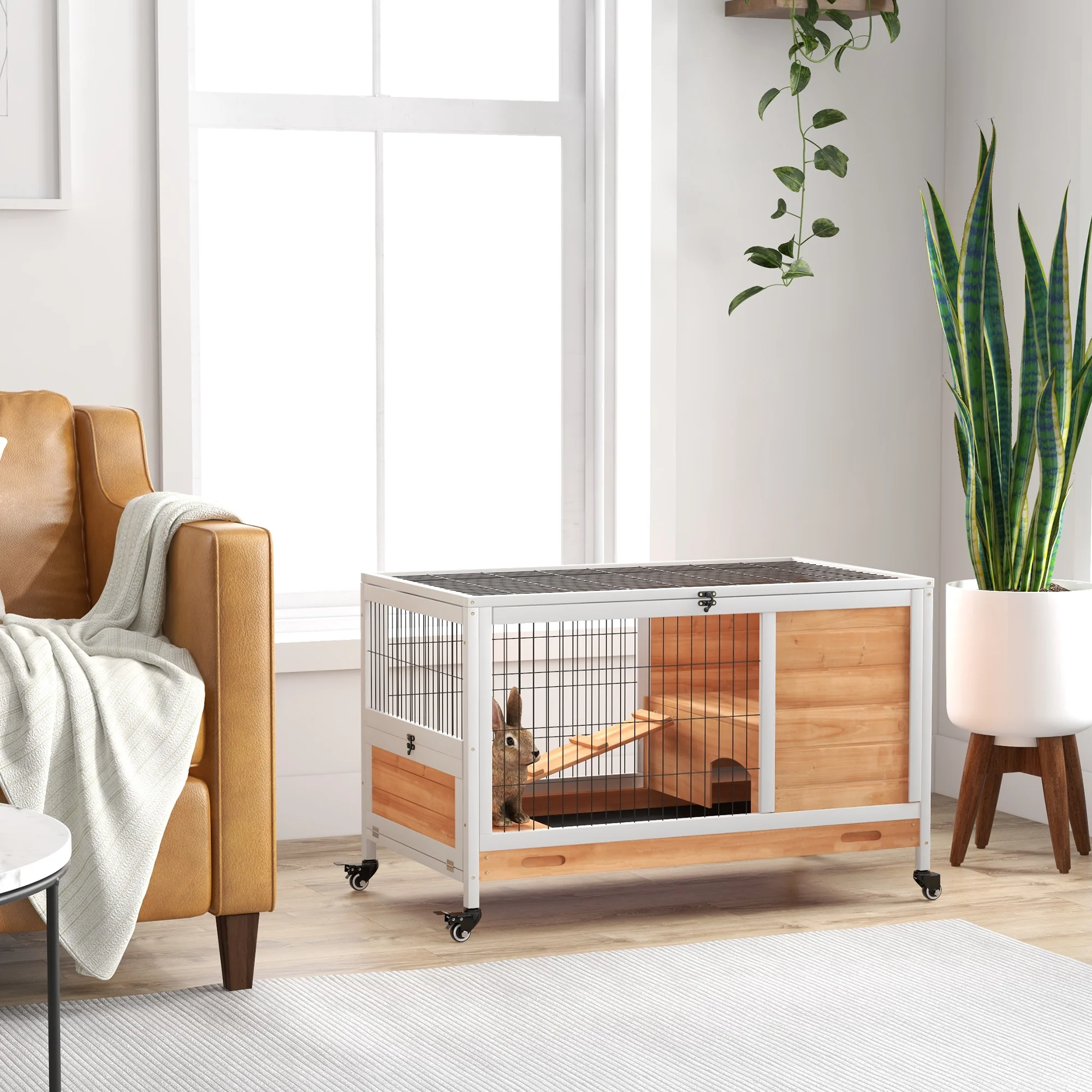 PawHut Kaninchenstall aus Holz, Modell 2025. Zweistöckig, mit Rollen. Gelb.