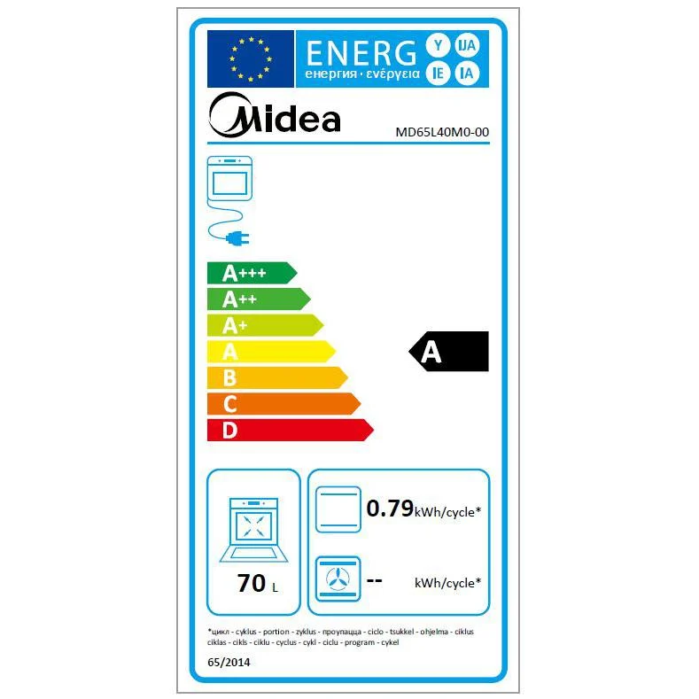 Midea MD65L40M0-00 Multifunktionsbackofen, 2,1 kW, 70 l, Klapptür, 4 Kochfunktionen, Energieeffizienzklasse A – Schwarz