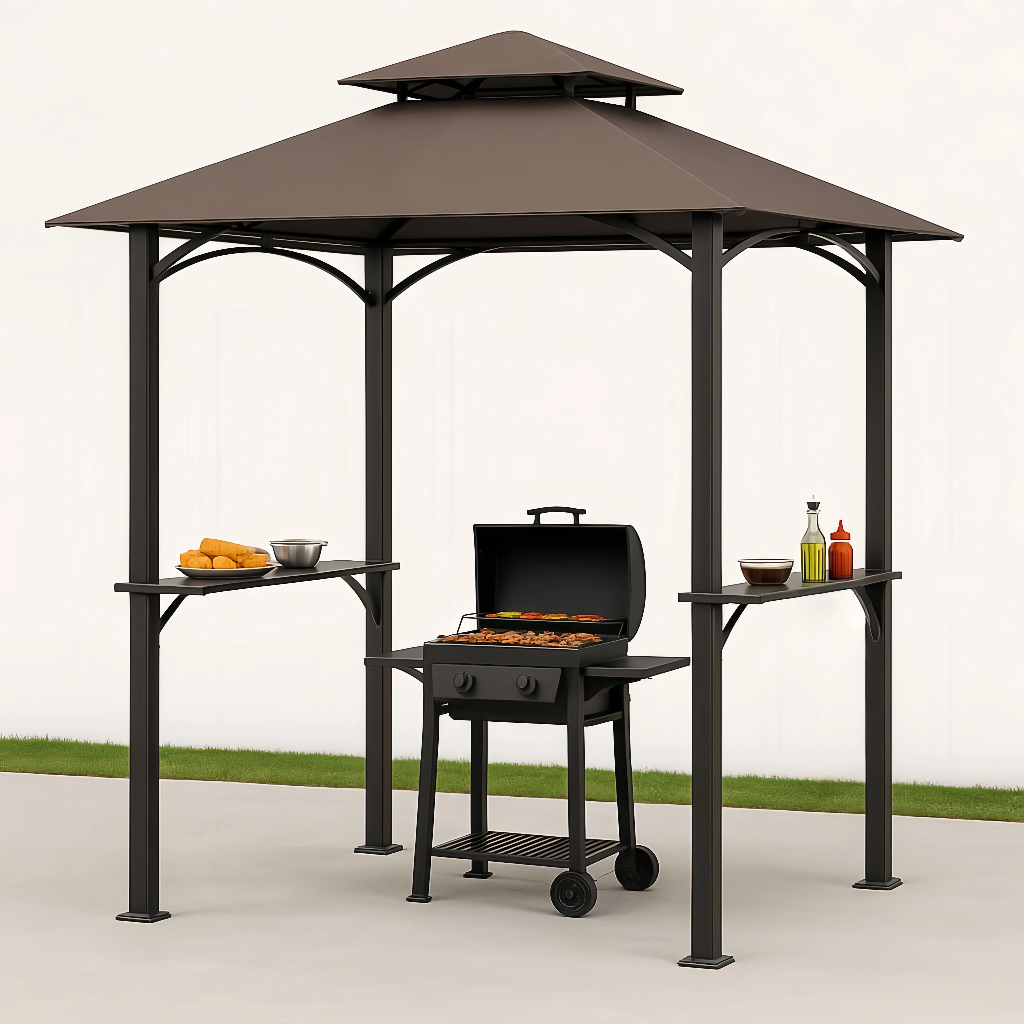 Abri de jardin avec barbecue, toit à pignon et structure métallique, 220 cm x 120 cm x 240 cm.