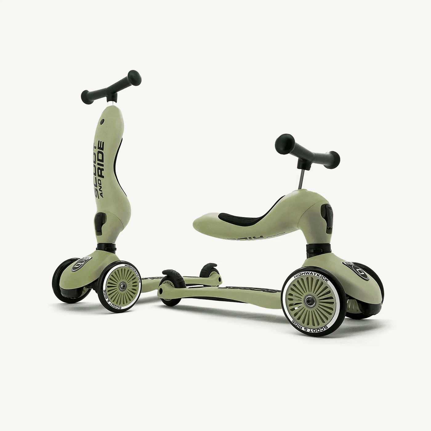 2025 Scoot and Ride 2-in-1 Pedalfreies Fahrrad und Scooter – Highwaykick 1 – Olive