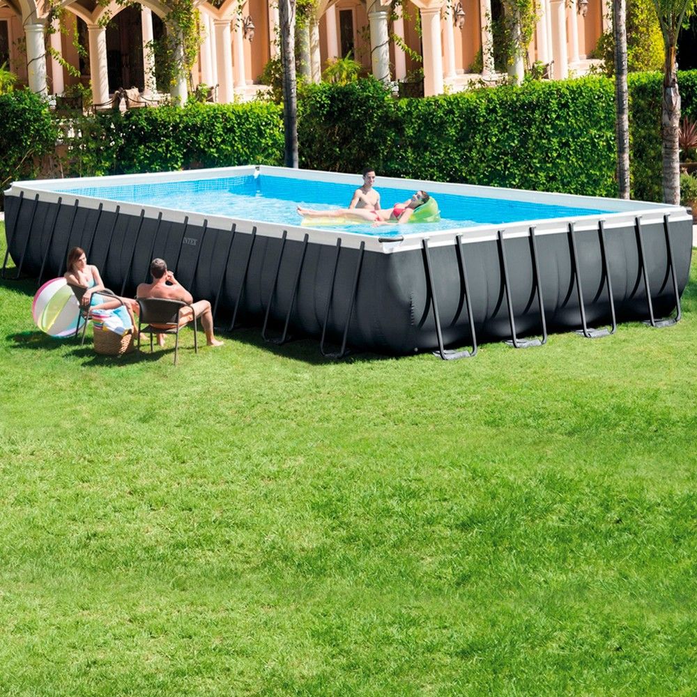 Intex Rechteckiger, röhrenförmiger PVC-Aufstellpool 975x488x132 cm Dunkelgrau mit Filterpumpe