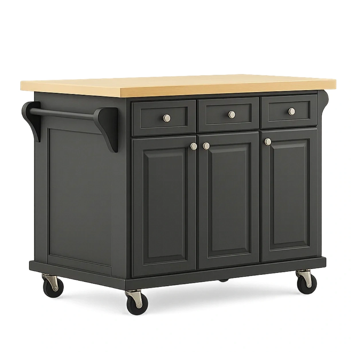 Îlot de cuisine rectangulaire avec tiroirs et portes, bois noir et naturel, sur roulettes, 130 x 70 x 90 cm, pour cuisines domestiques. - 3MBcGYcStAcE