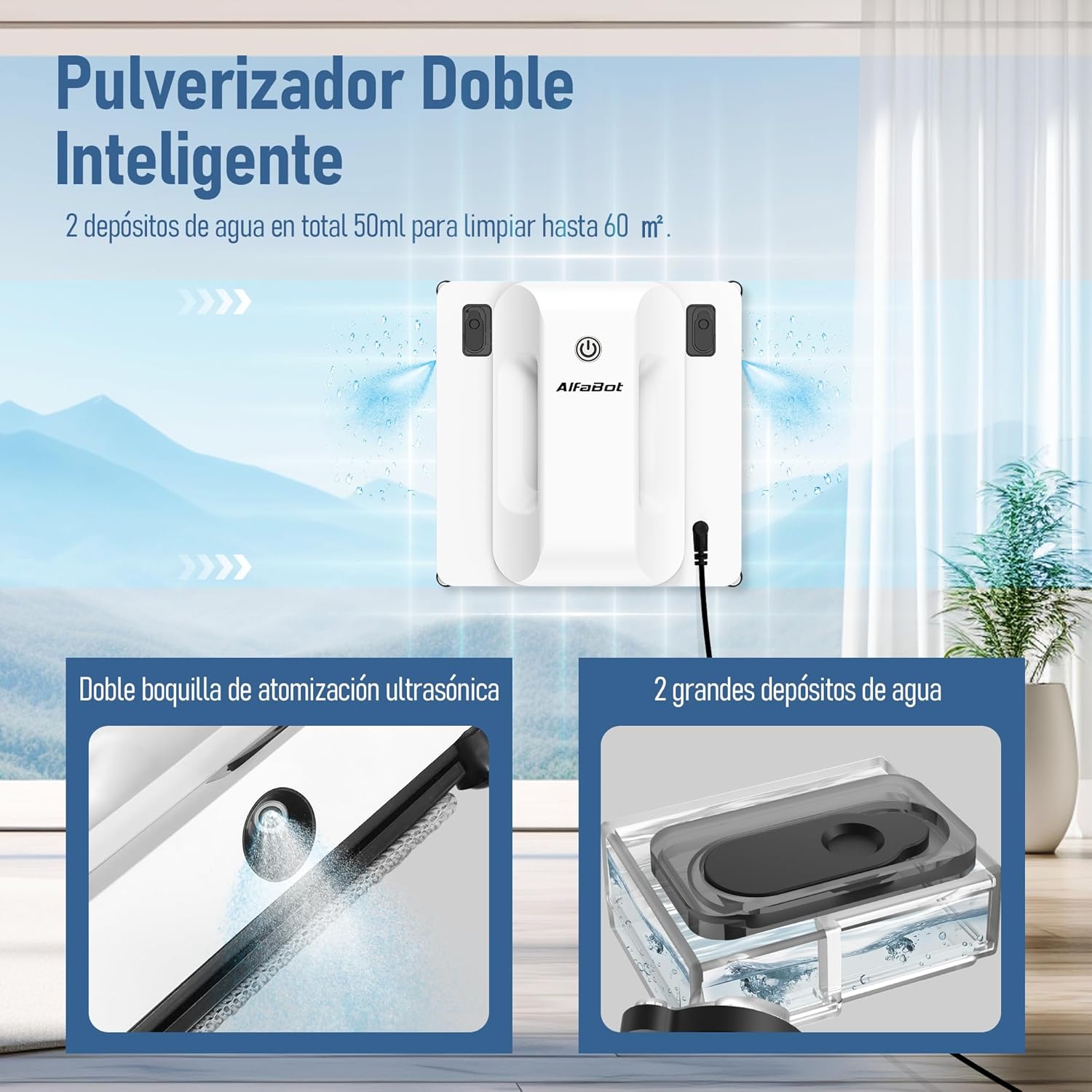 AlfaBot GLS400 Fensterputzroboter, intelligenter elektrischer Fensterputzroboter mit bidirektionalem Sprühgerät (50 ml), intelligenter Navigation, für alle glatten Oberflächen, quadratisch