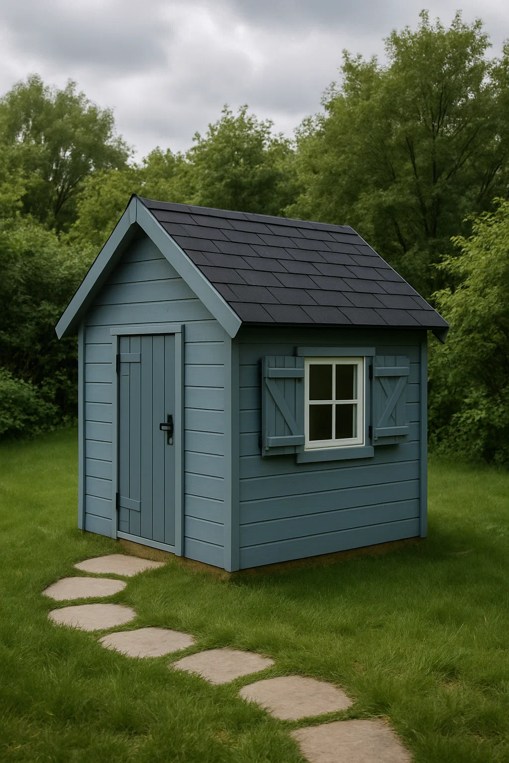 Blaues Kinderspielhaus aus Holz mit schwarzem Dach für den Garten, 130 x 110 x 150 cm, oxOjlBL152aJ