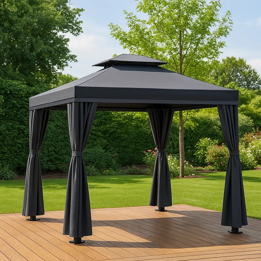 Kiosque carré en métal noir, toit à quatre pans, autoportant, avec rideaux, 300 x 300 x 270 cm, pour jardin. - dbYA5TTmNmGF