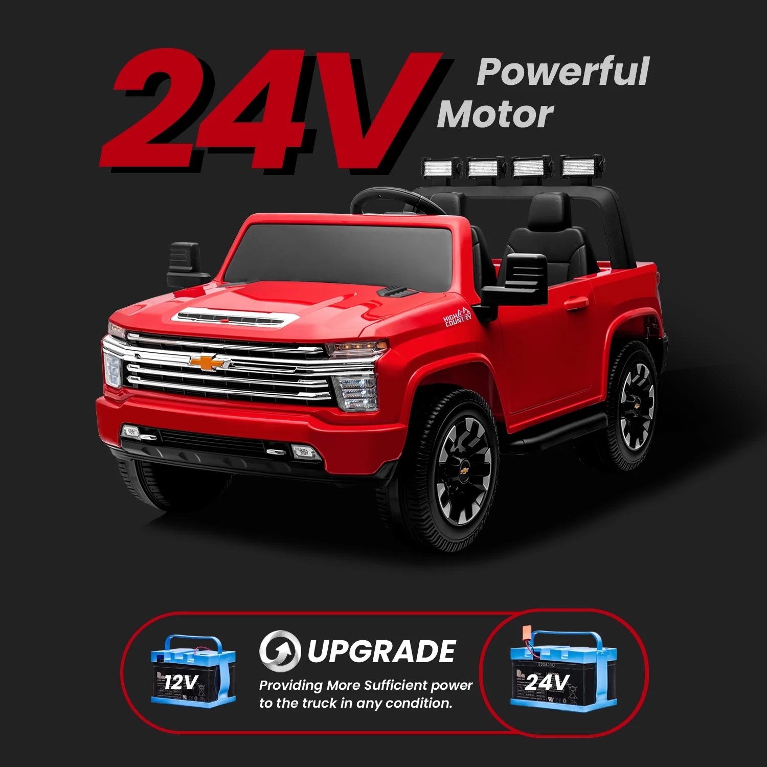 Track 7 24V Elektro-Kinderauto, lizenziertes Silverado HD Pickup-Truck-Modell für 2 Passagiere, Fernbedienung, Musik, ABC, Rot