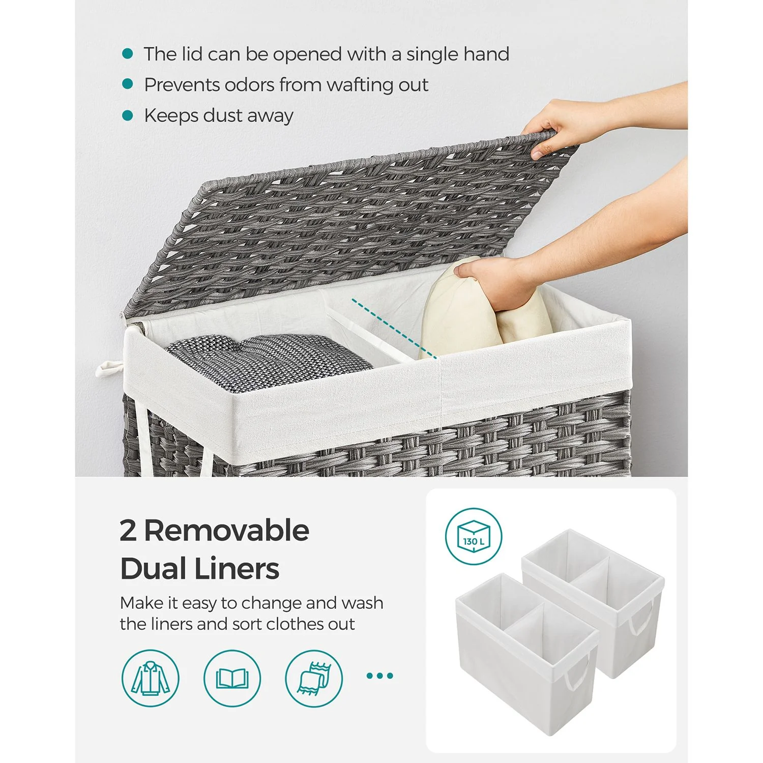 Wäschekorb 2025, 130 Liter, mit herausnehmbaren Taschen