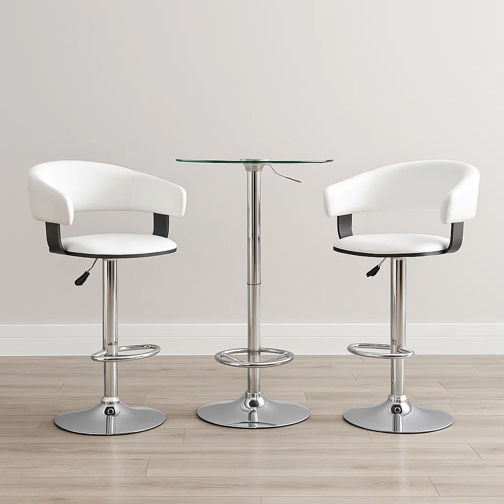 Ensemble table et tabourets de bar, comprenant une table et deux chaises, blanc, verre, métal et similicuir, adapté à une utilisation intérieure