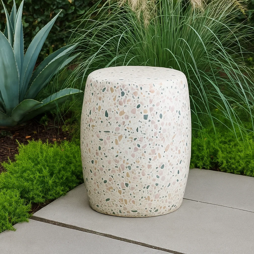 Table d'appoint d'extérieur, blanche, terrazzo, idéale pour le jardin, diamètre 35 cm x hauteur 45 cm