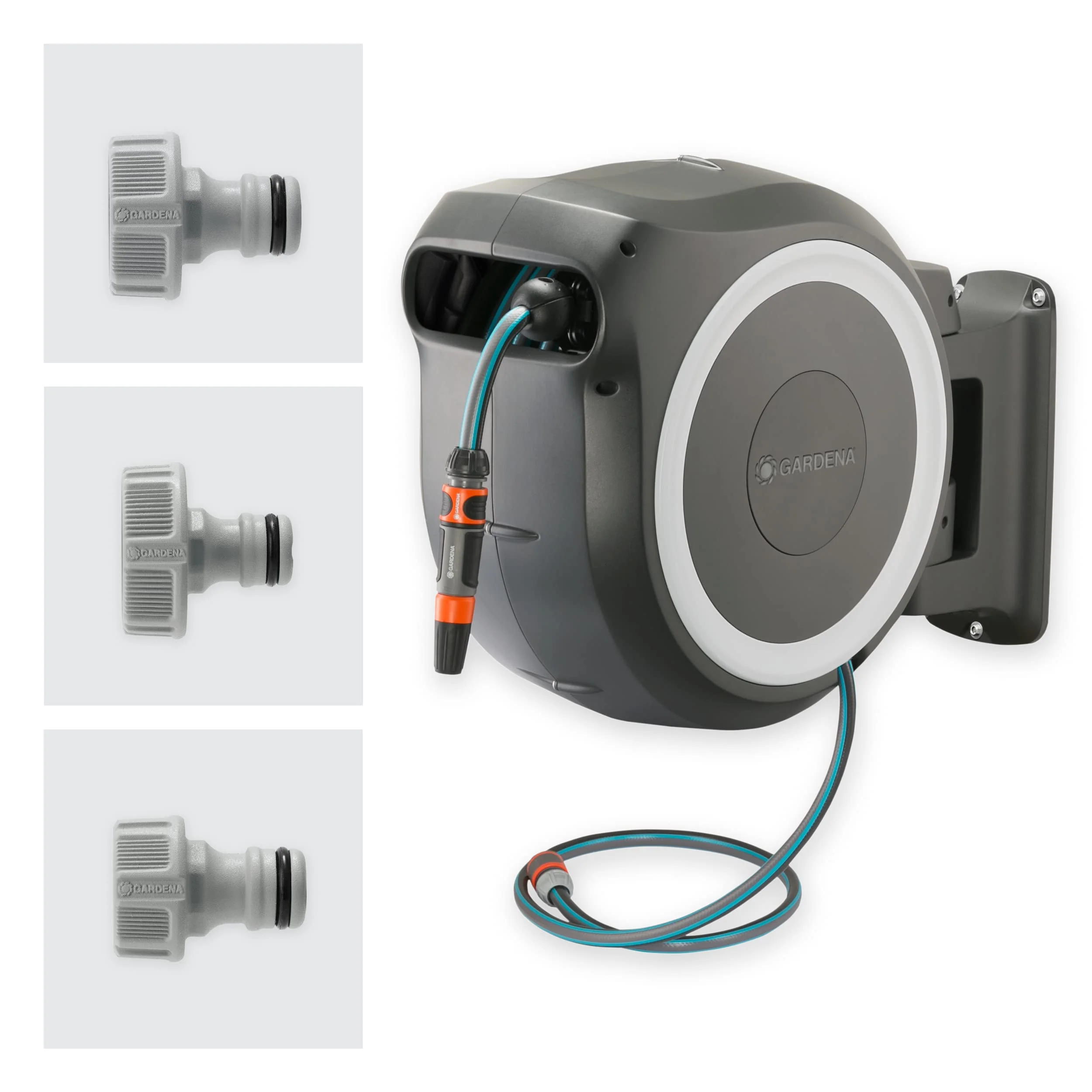 Gardena RollUp M/L Wand-Schlauchaufroller (Weiß) 2025, 25 m: Flexible Bewässerung für mittlere und große Gärten. Drehbarer Schlauchaufroller mit 25 m Schlauch und Montagezubehör (18622-20)