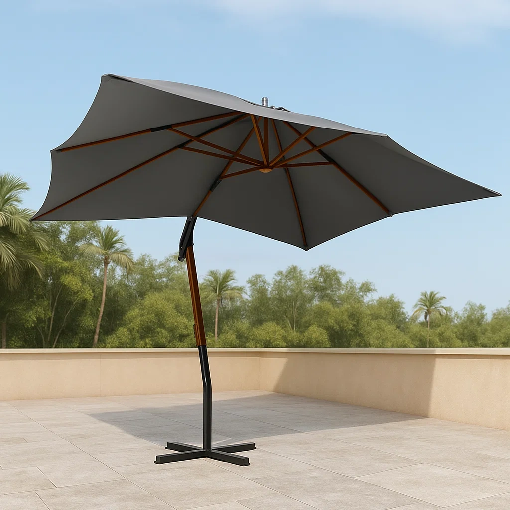 Parasol déporté gris anthracite en bois et polyester pour usage extérieur, 400×300×283 cm - dsoLMGLngvIf