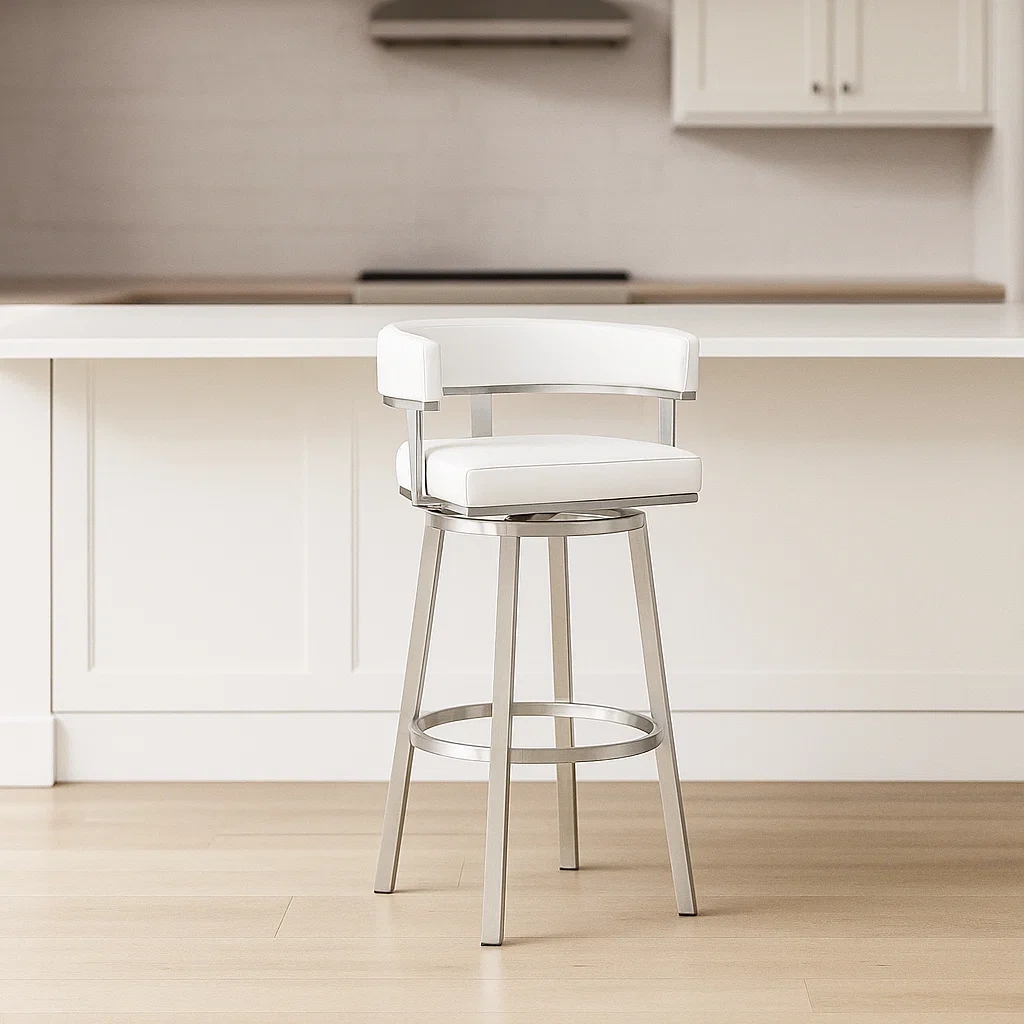 Tabouret de bar blanc, en similicuir et métal, idéal pour la salle à manger, 48 x 55 x 86 cm