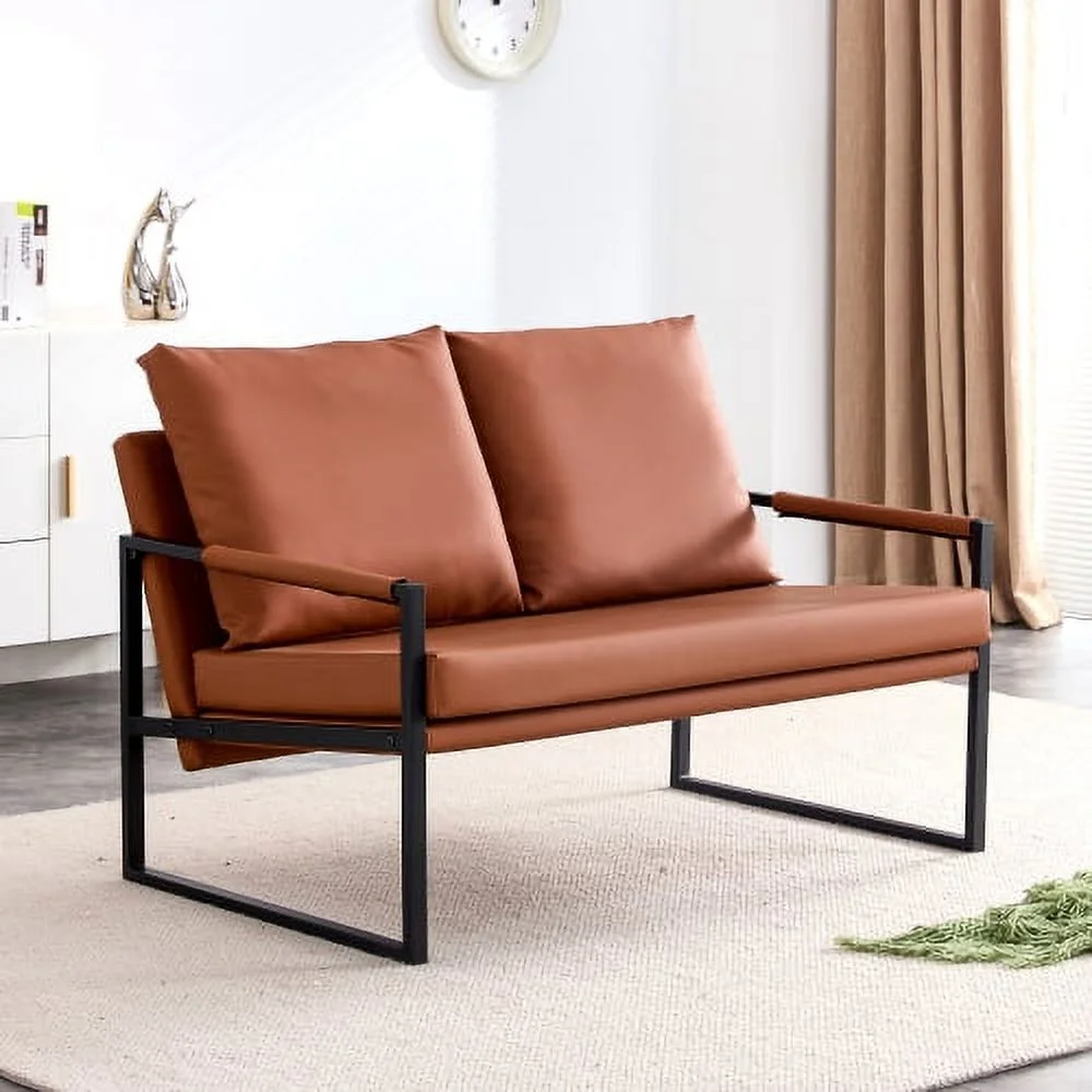 Modernes 2-Sitzer-Sofa mit 2 Kissen – PU-Leder, hochdichter Schaumstoff, schwarz lackiertes Metallgestell, braune Farbe
