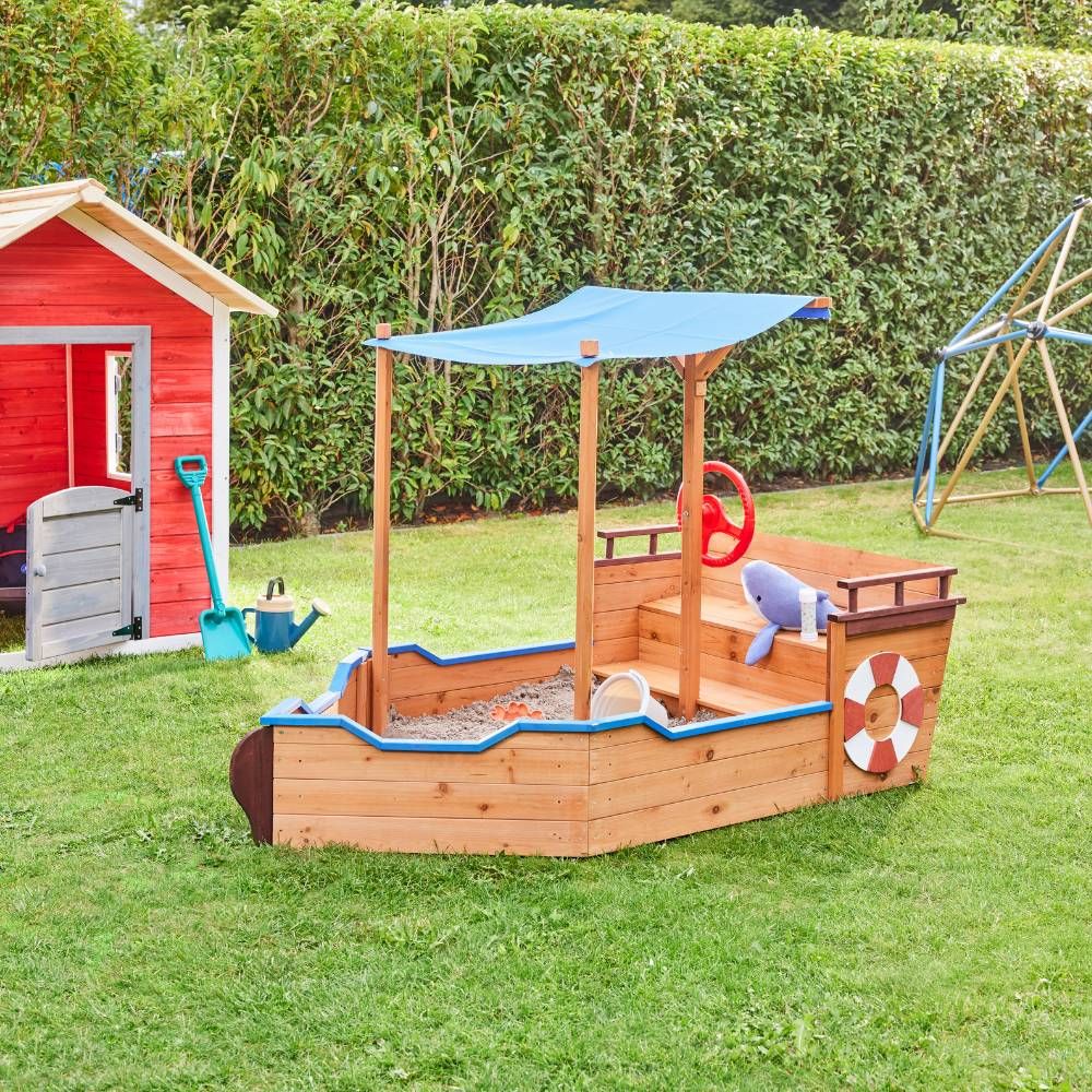 Kinder-Holzboot-Sandkasten Home Deluxe Matschekiste 78 x 160 x 103 cm - Natur / Blau