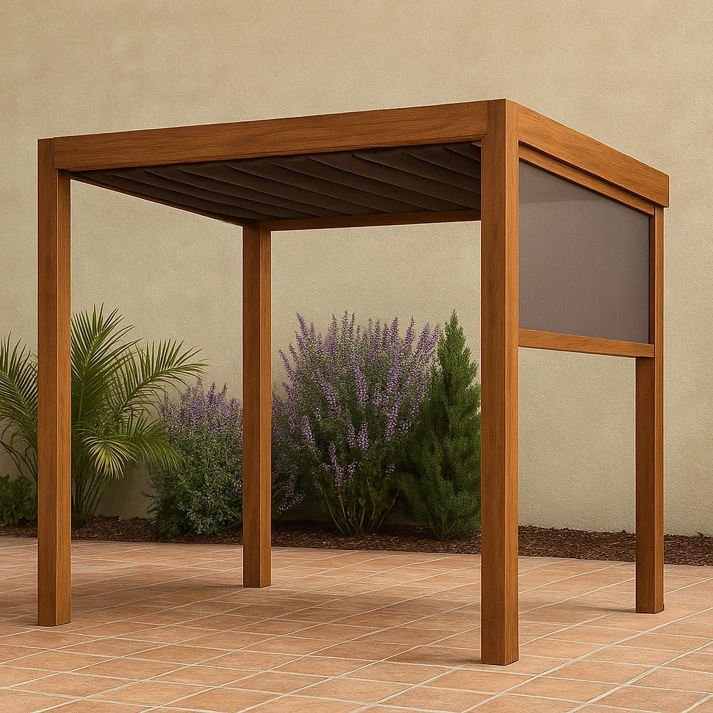 Pergola en bois naturel avec panneaux latéraux en tissu, installation fixe, 300 x 250 x 250 cm, pour jardin ou terrasse - wp3fdniRkxD1