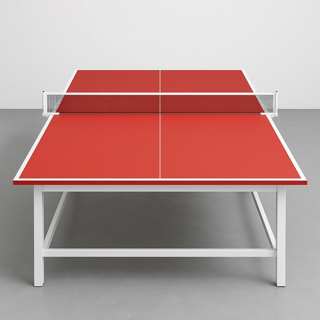 Table de ping-pong rouge avec filet et roulettes. Acier. Usage intérieur/extérieur. 274 x 152,5 x 76 cm